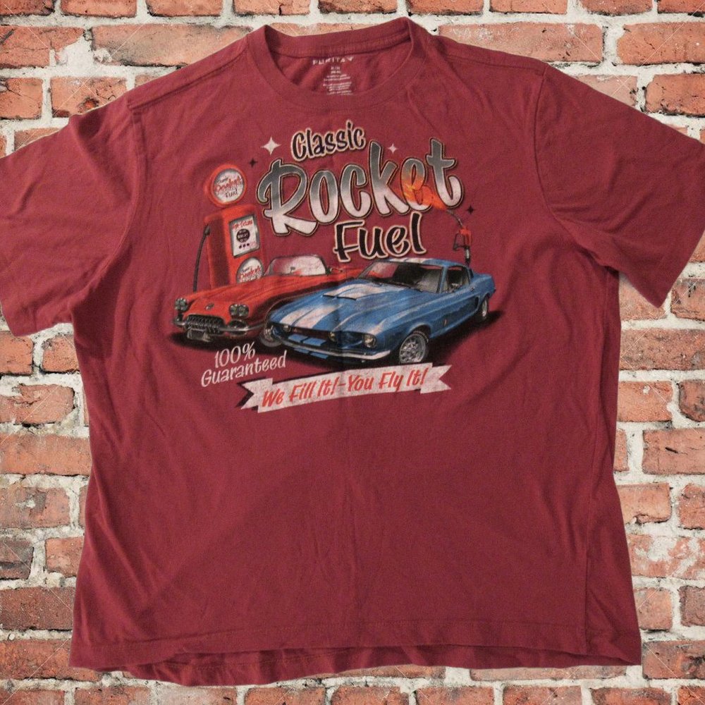 Classic Cars T-Shirt XL Retro Rocket Fuel Red Never Worn 100% Cotton EUC